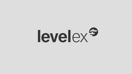 Logo of Level Ex in black on grey background
