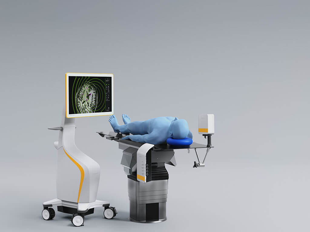 Image showcasing the positioning freedom of display and camera with Curve Navigation, featuring a phantom patient lying on their back