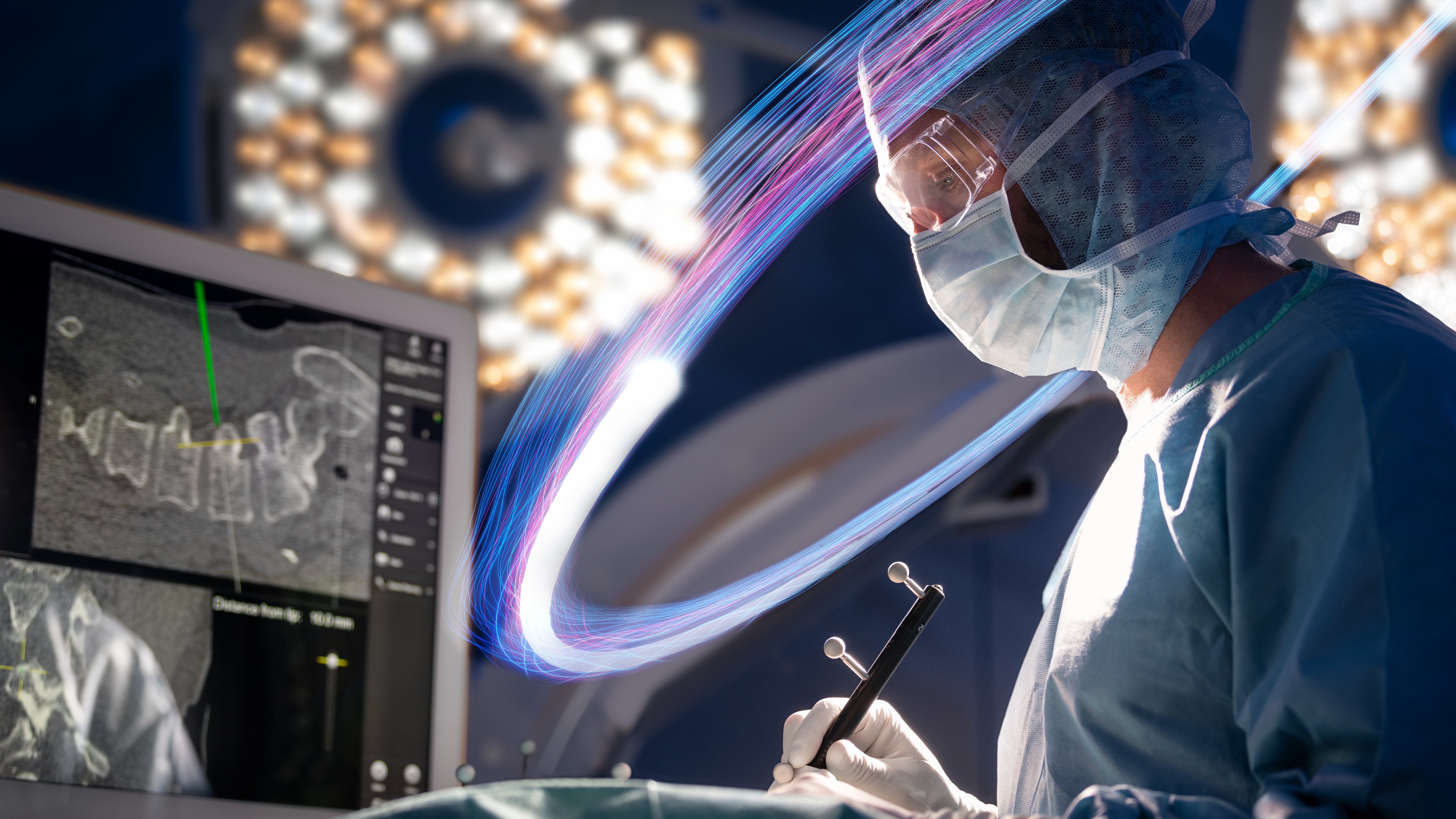 Brainlab technology in use during surgery with enhanced blue and lilac visual effects