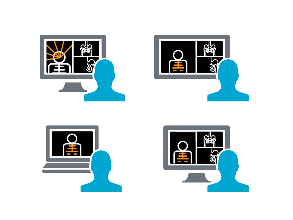 Icon depicting multiple silhouettes of people and screens, representing cross-discipline collaboration among medical professionals with Node