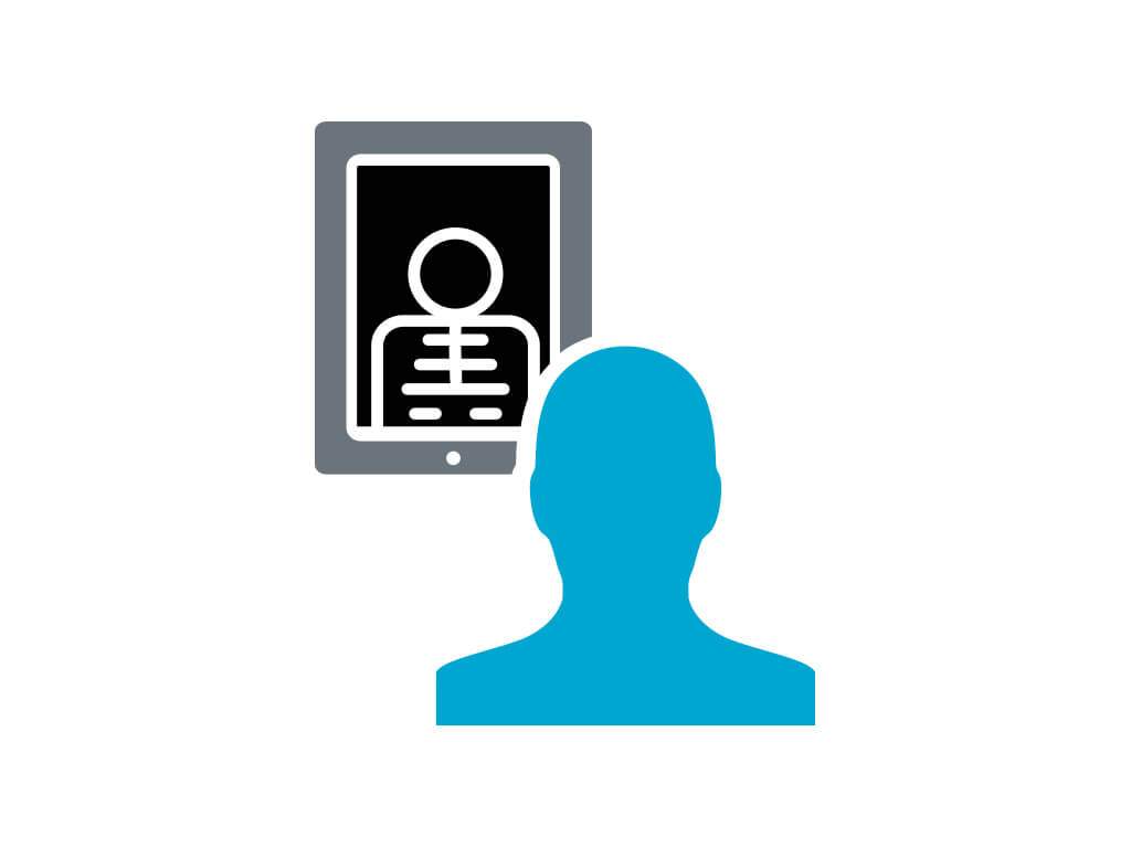 Icon depicting a silhouette of a person and a tablet, symbolizing the ability to review treatment plans on iPad tablets with Node